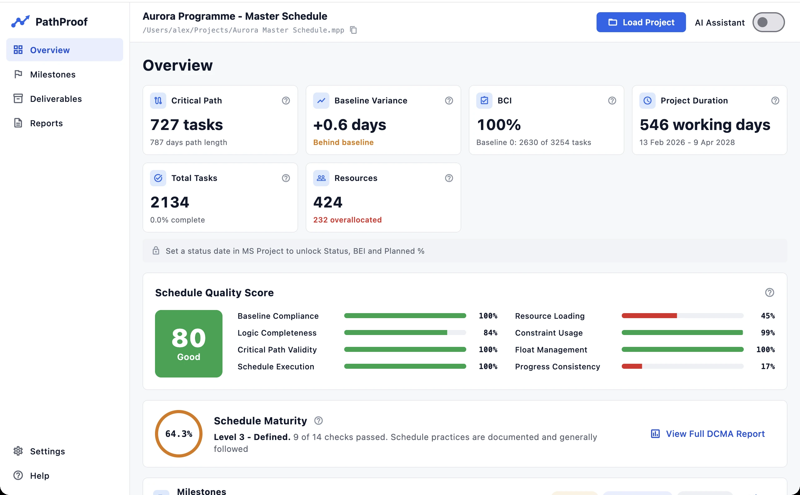 The PathProof overview screen: schedule health metrics, a quality score panel and DCMA maturity, in a light desktop interface.